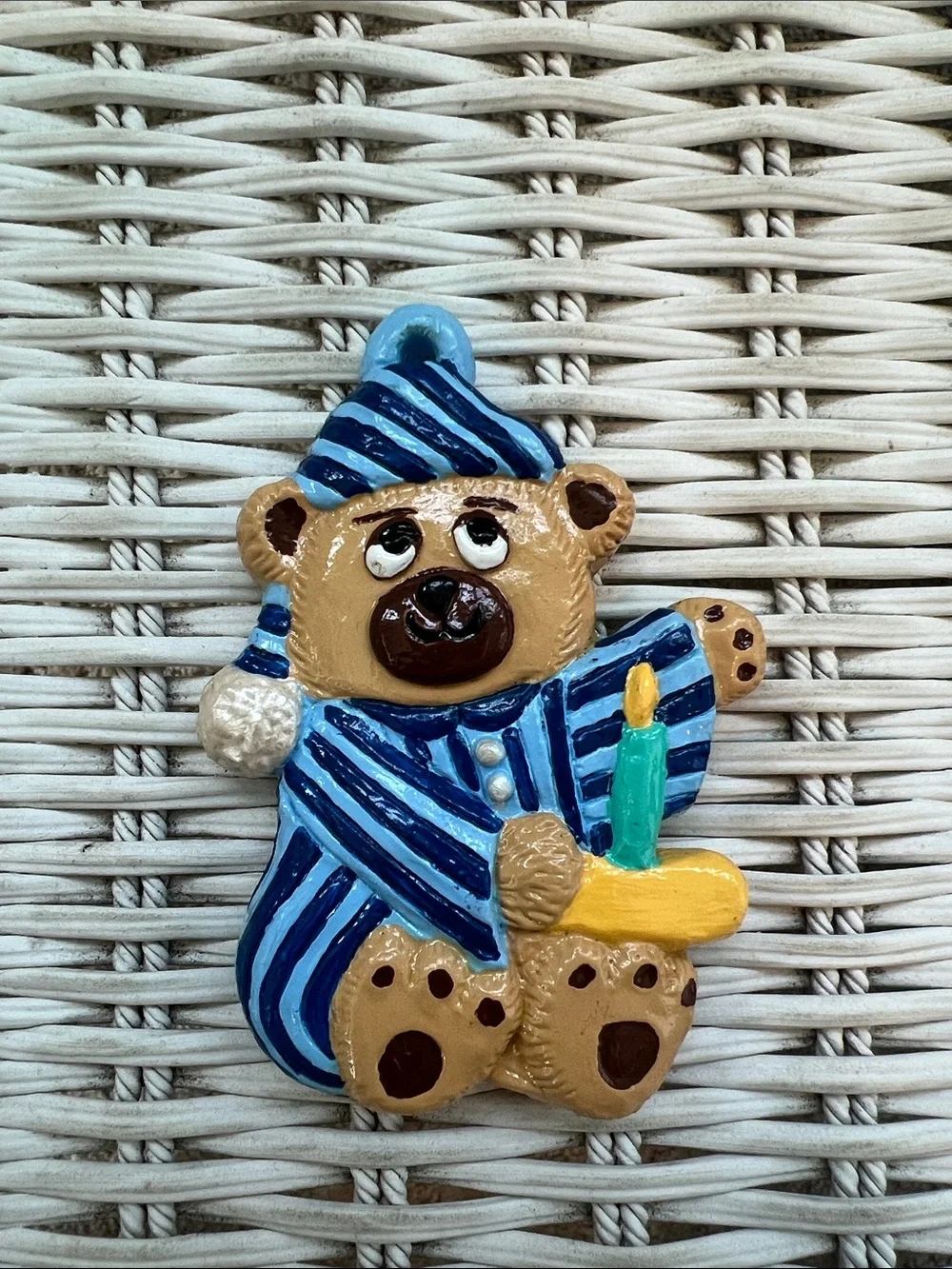 Vintage Ceramic Bear Ornament in Blue Stripes